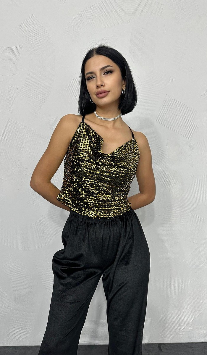 Askılı Degaje Bluz - Gold