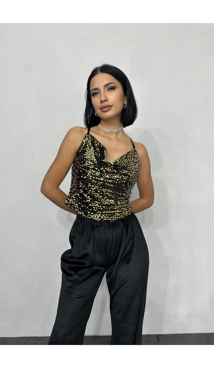 Askılı Degaje Bluz - Gold