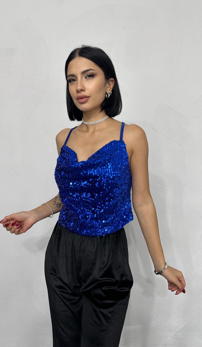 Askılı Degaje Bluz - Saks