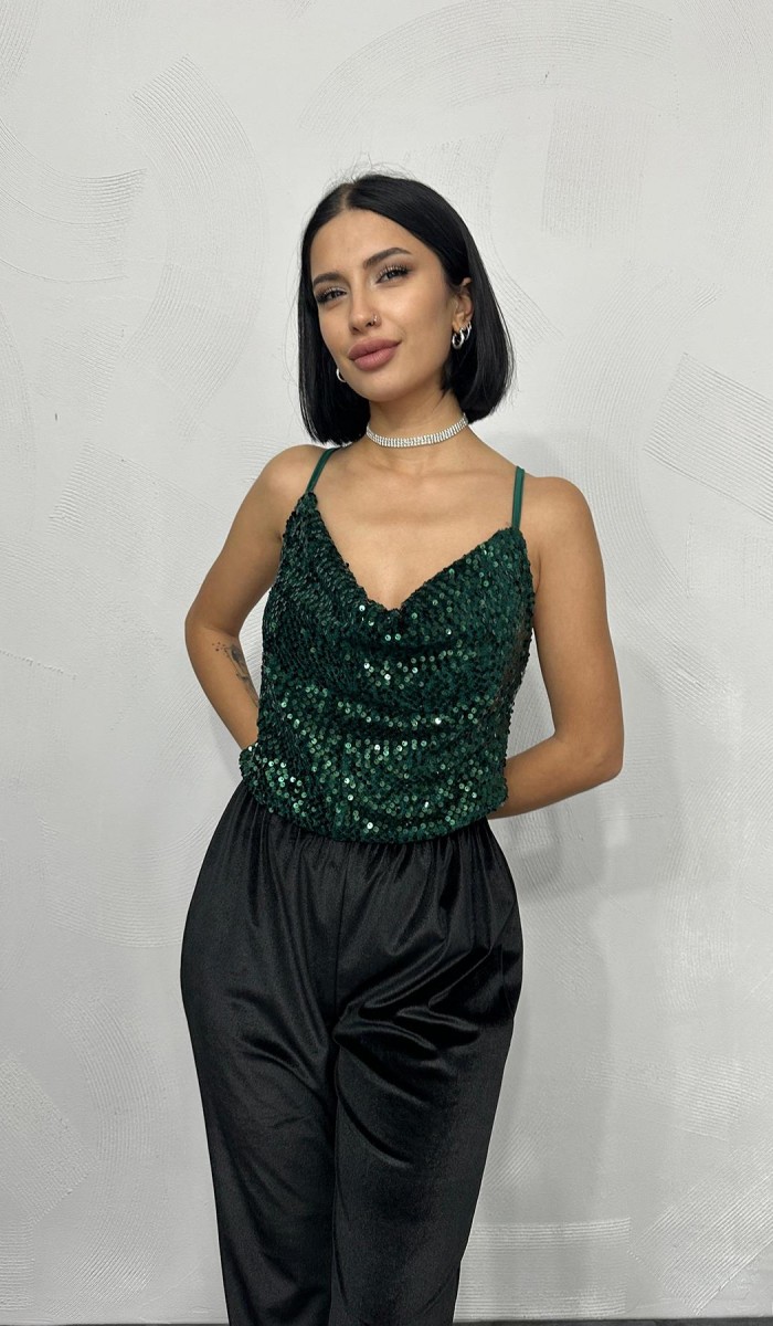 Askılı Degaje Bluz - Zümrüt