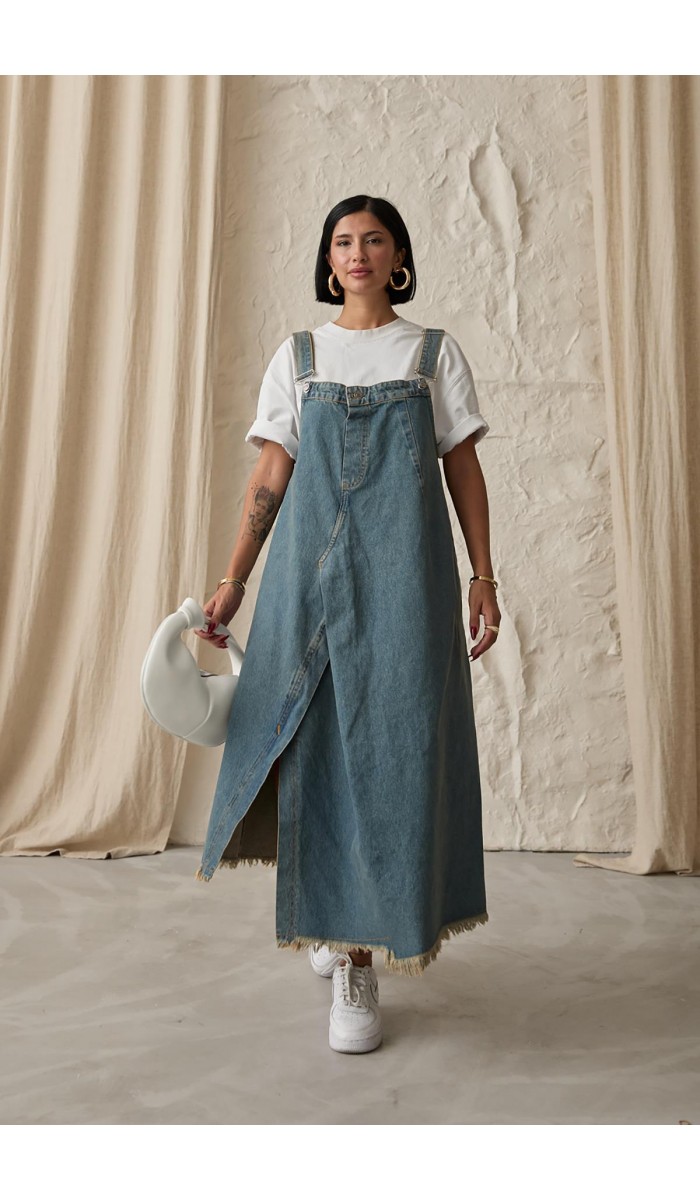 Askılı Düğmeli Kot Elbise - Mavi