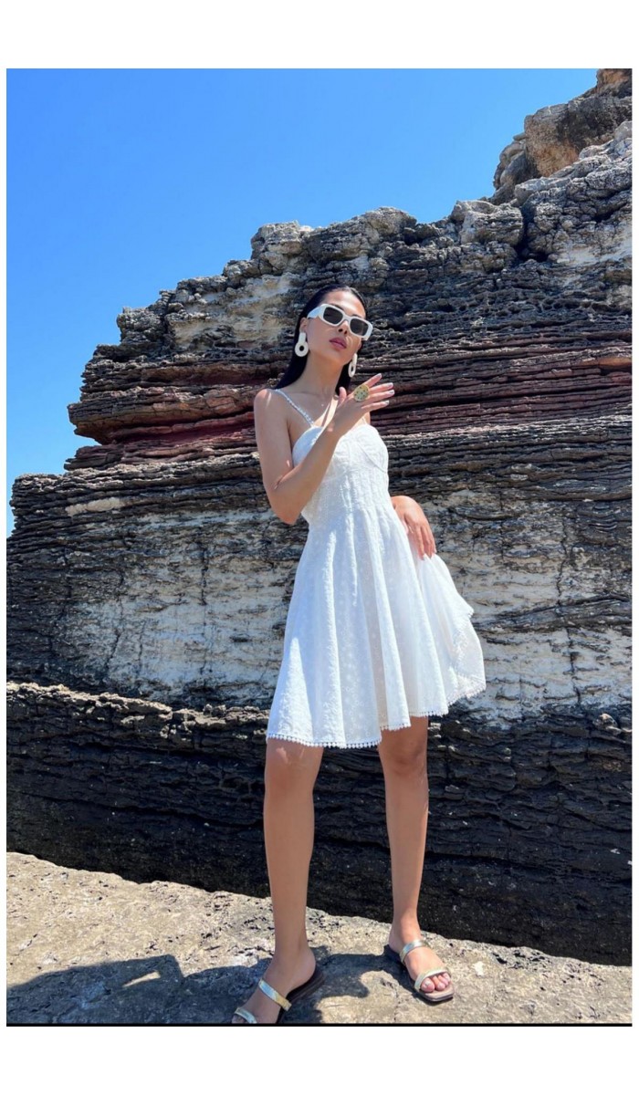 Askılı Fisto Mini Elbise - Beyaz