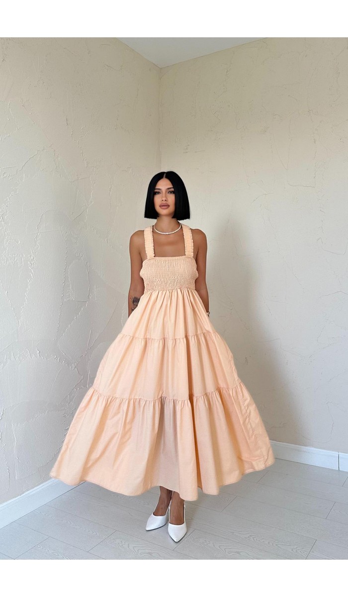 Askılı Gipeli Uzun Elbise - Somon