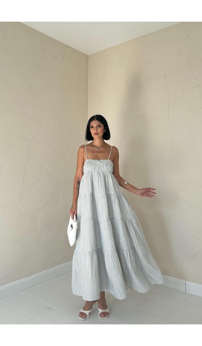 Askılı Parçalı Çizgili Müslin Elbise - Mavi