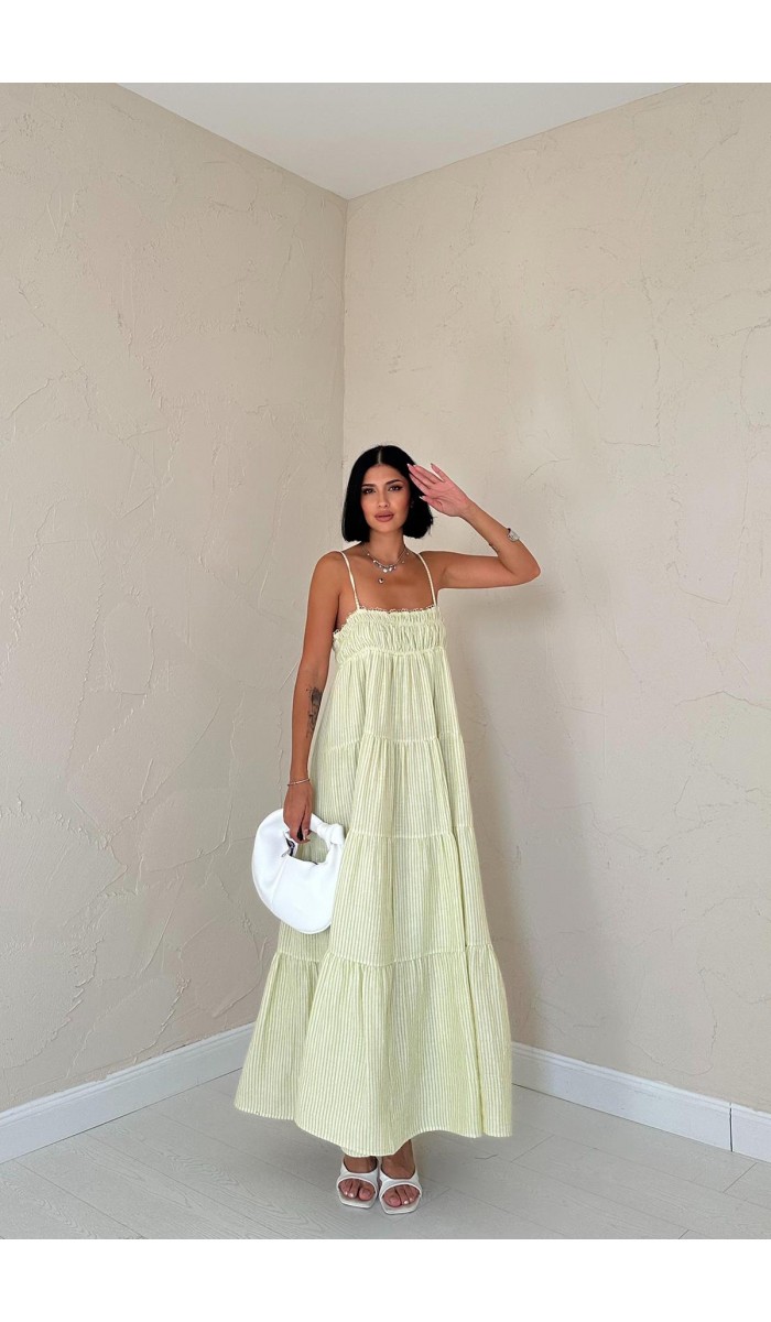 Askılı Parçalı Çizgili Müslin Elbise - Yeşil