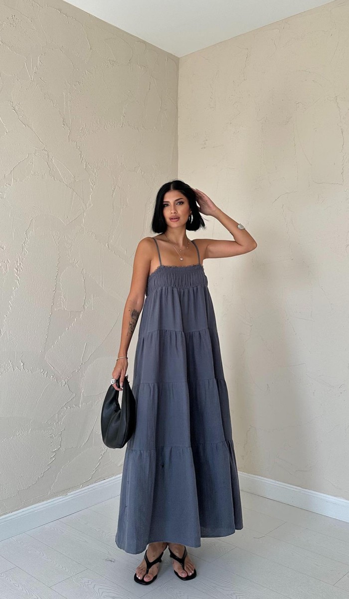 Askılı Parçalı Müslin Elbise - Gri