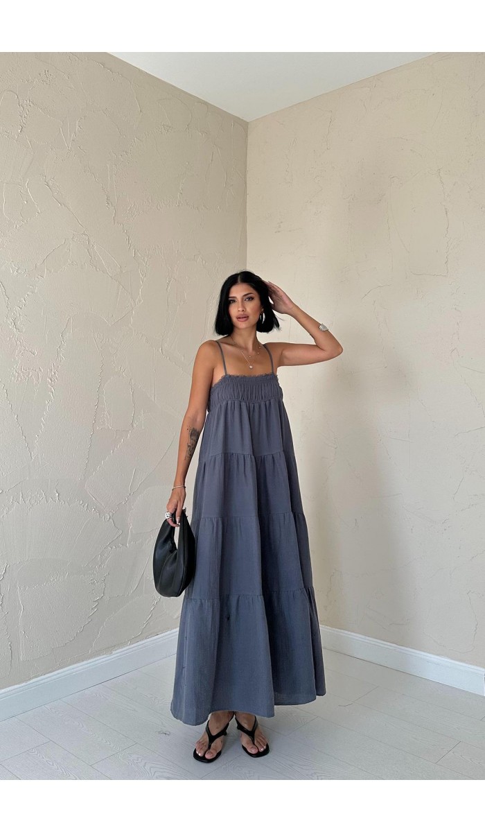 Askılı Parçalı Müslin Elbise - Gri