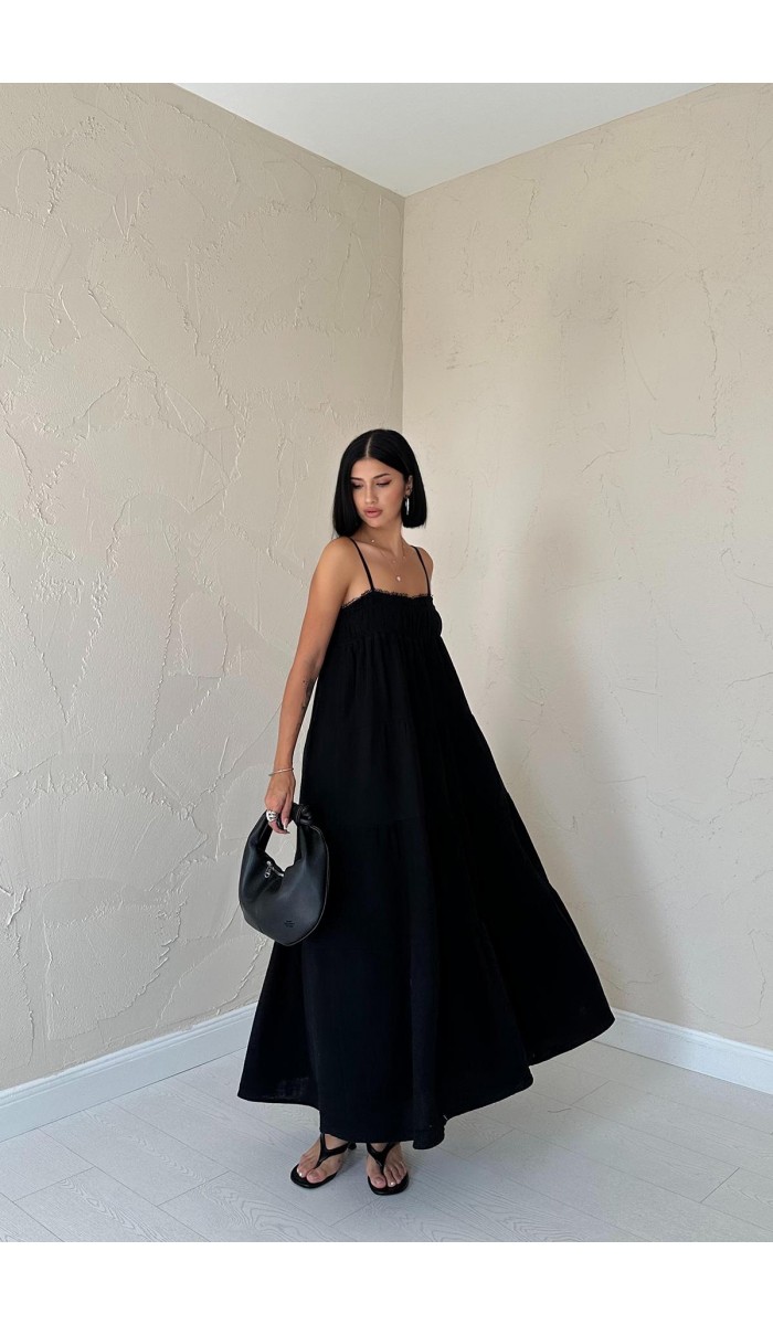 Askılı Parçalı Müslin Elbise - Siyah