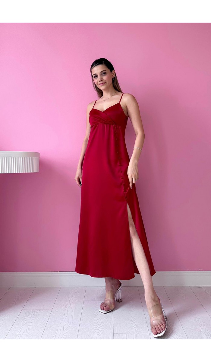 Askılı Saten Elbise - Kırmızı
