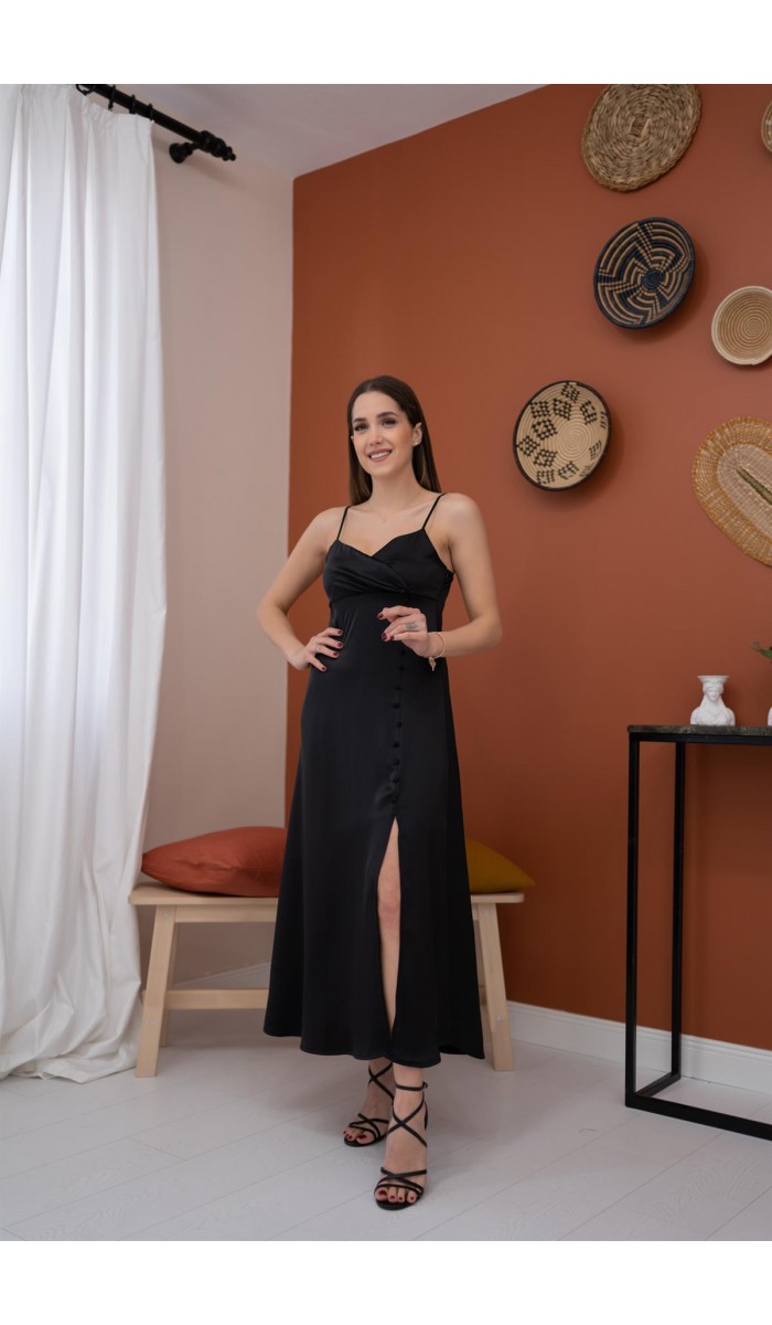Askılı Saten Elbise - Siyah