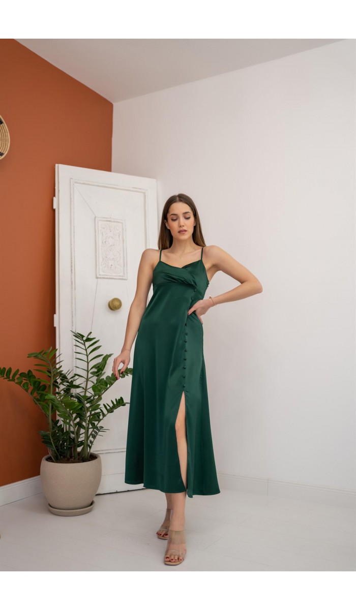 Askılı Saten Elbise - Zümrüt