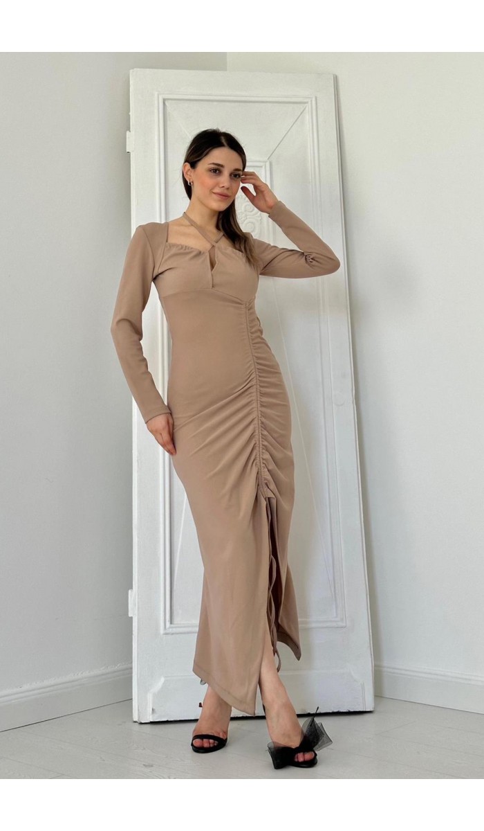 Askılı Ve Yırtmaçlı Elbise - Bej