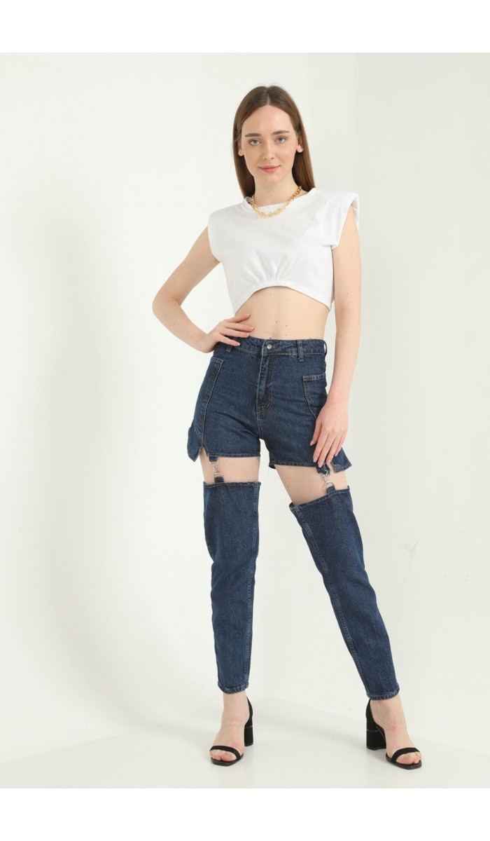 Askılı İki Parça Jeans Pantolon - Mavi