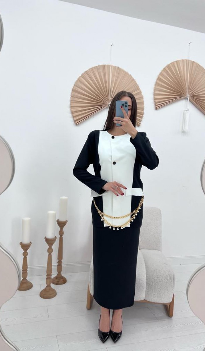 Atlas Kumaş Garnili Ceket Ve Etek Takım - Siyah Atlas Kumaş Garnili Ceket Ve Etek Takım - Siyah