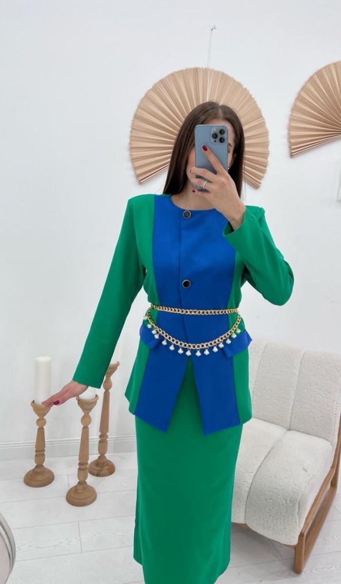 Atlas Kumaş Garnili Ceket Ve Etek Takım - Yeşil Atlas Kumaş Garnili Ceket Ve Etek Takım - Yeşil