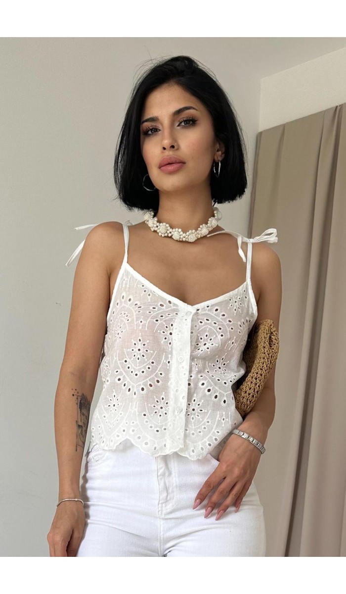 Bağcıklı Brode Bluz - Beyaz