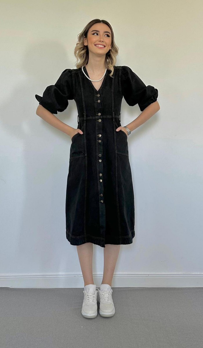 Balon Kol Kot Elbise - Siyah ELBİSE