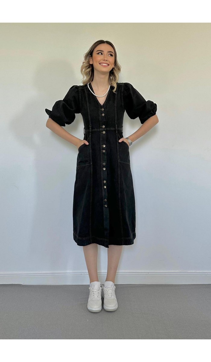 Balon Kol Kot Elbise - Siyah Balon Kol Kot Elbise - Siyah