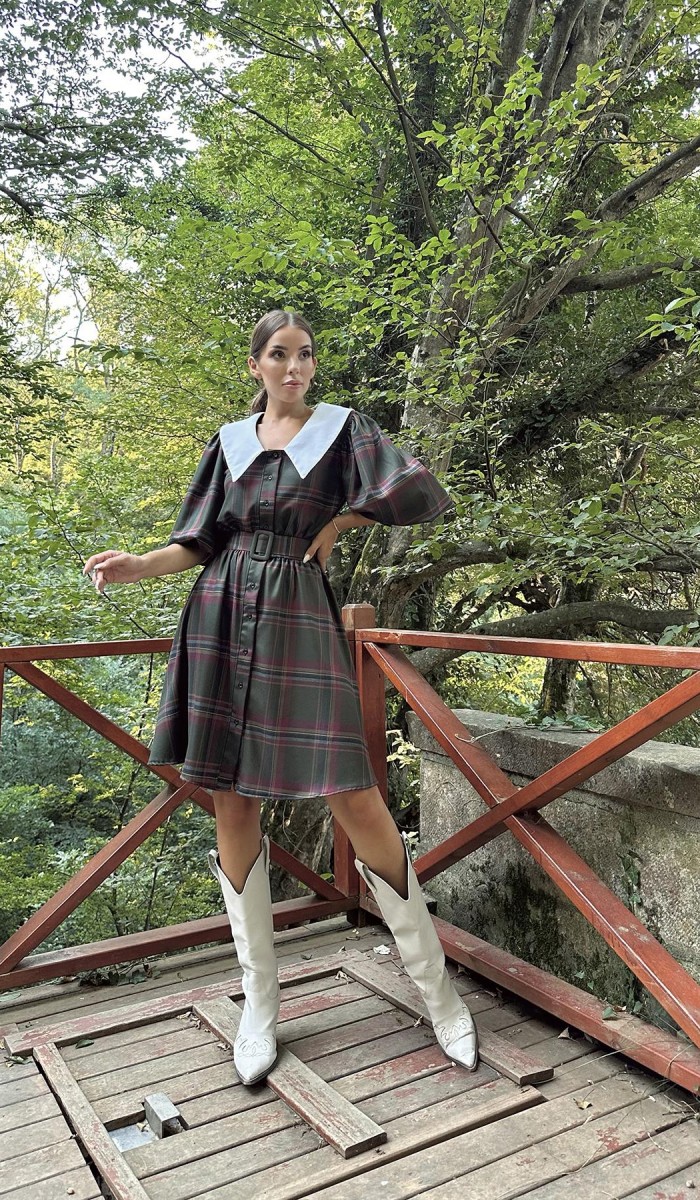 Bebe Yaka Ekose Elbise - Haki