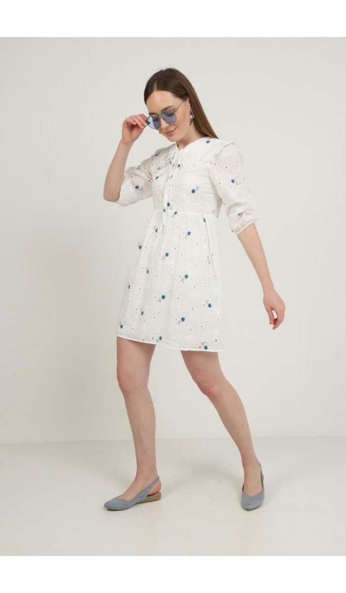 Bebe Yakalı Brode Elbise - İndigo Bebe Yakalı Brode Elbise - İndigo