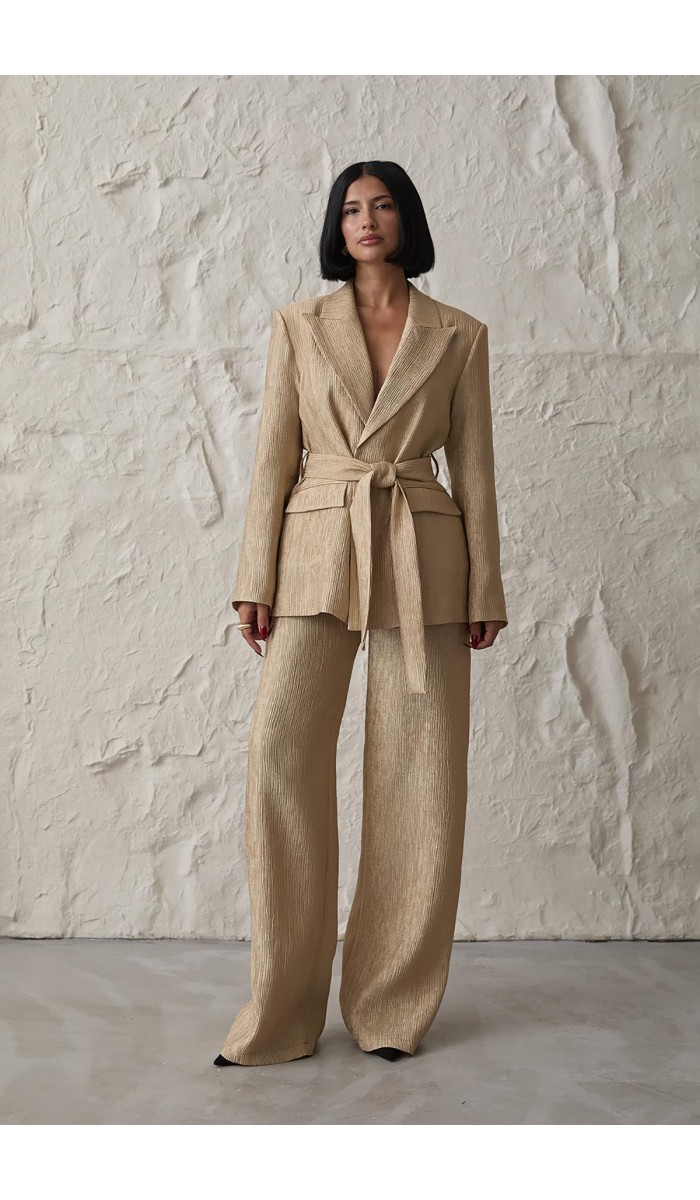 Beli Kuşaklı Ceket Ve Pantolon Parlak Takım - Sarı