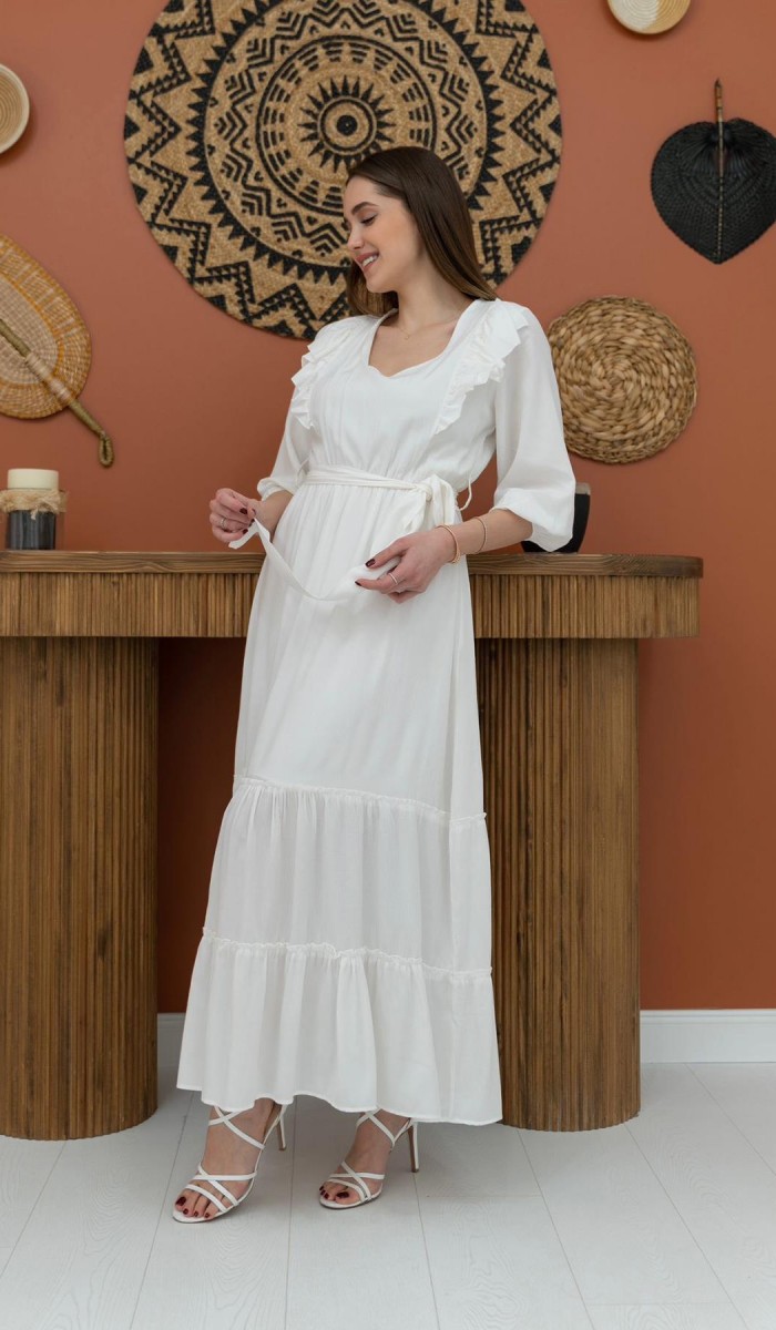 Beli Kuşaklı V Yaka Elbise - Ekru