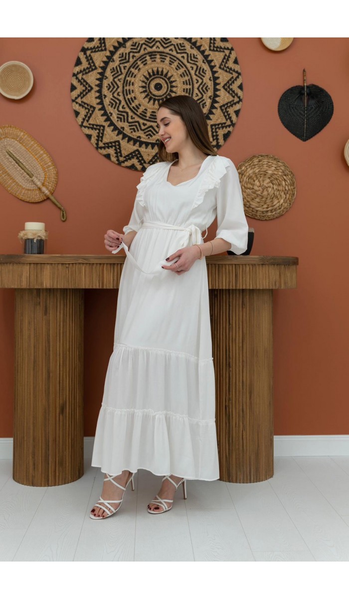 Beli Kuşaklı V Yaka Elbise - Ekru