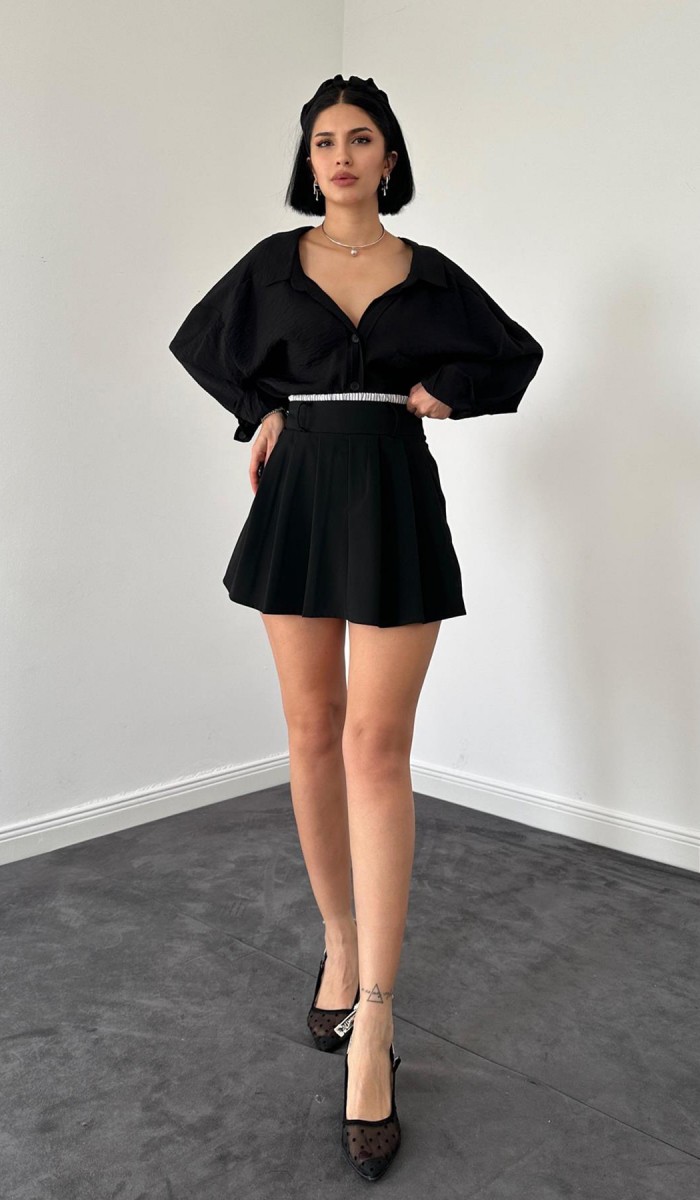 Beli Lastikli Etek Şort - Siyah