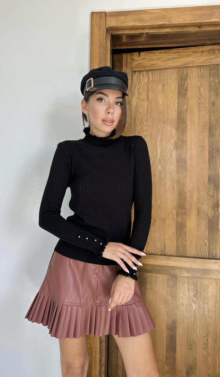 Boğazlı Ve Örgülü Triko Kazak - Siyah