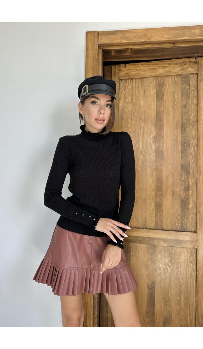 Boğazlı Ve Örgülü Triko Kazak - Siyah