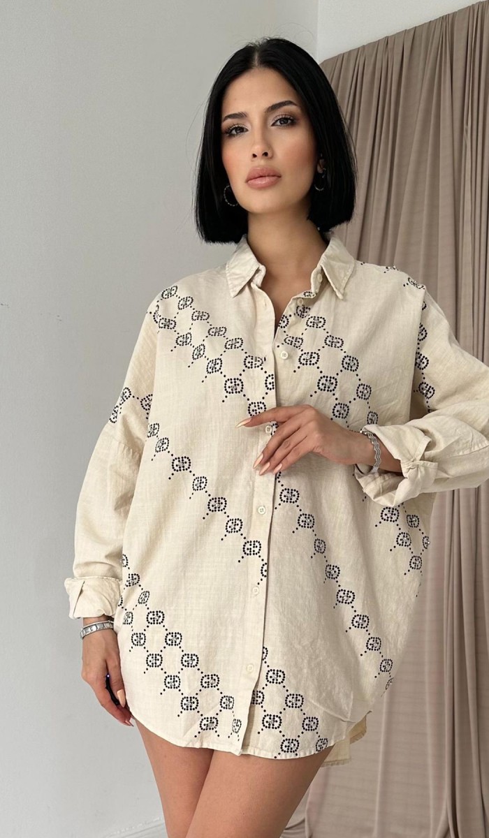 Boyamalı Keten Baskılı Taşlı Gömlek - Bej