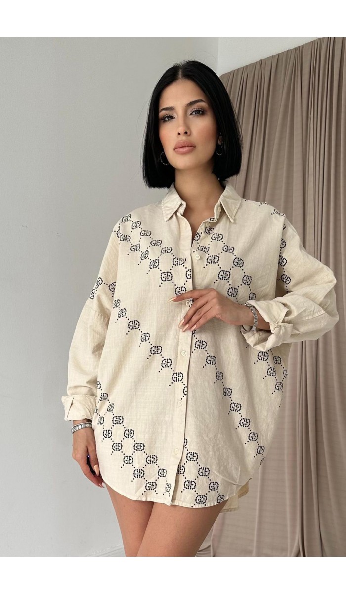 Boyamalı Keten Baskılı Taşlı Gömlek - Bej