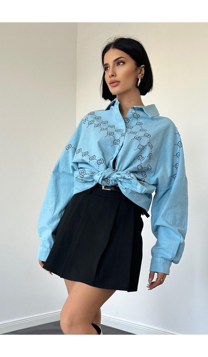 Boyamalı Keten Baskılı Taşlı Gömlek - Mavi