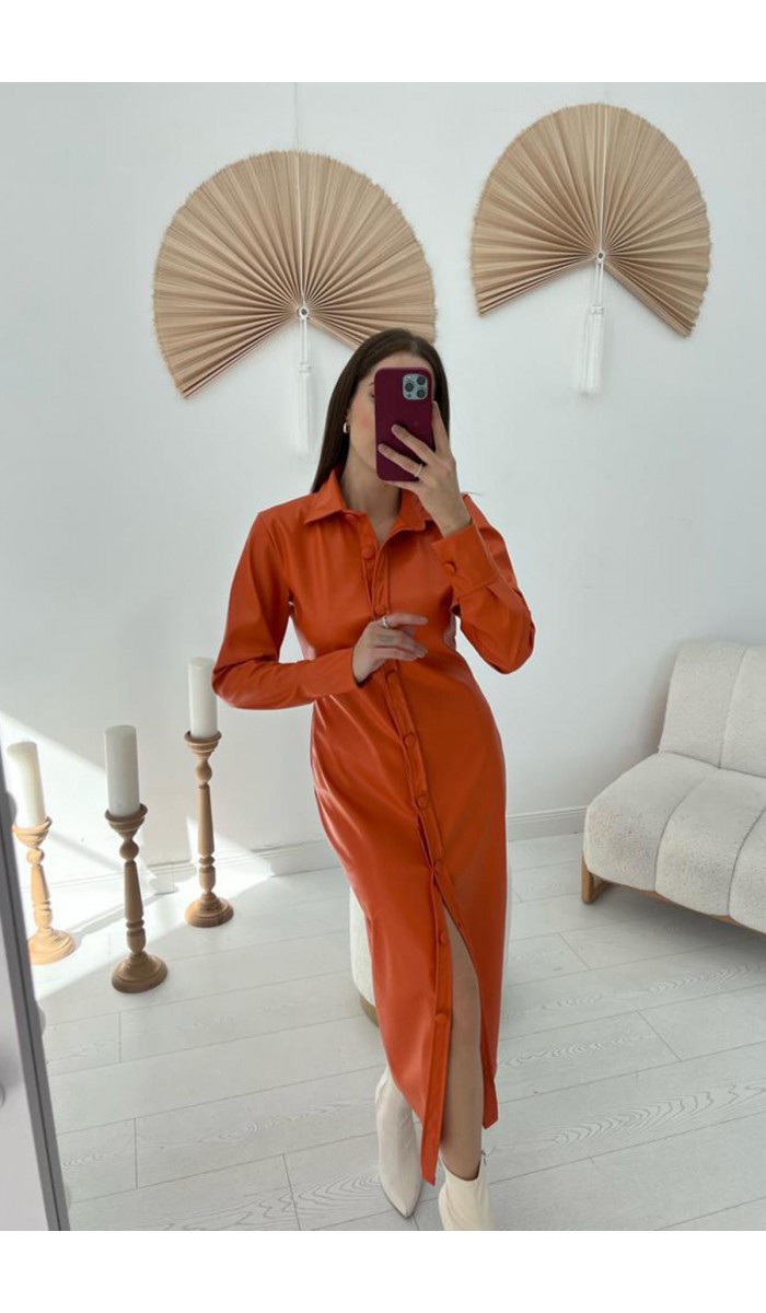 Boydan Düğmeli Deri Elbise - Oranj Boydan Düğmeli Deri Elbise - Oranj