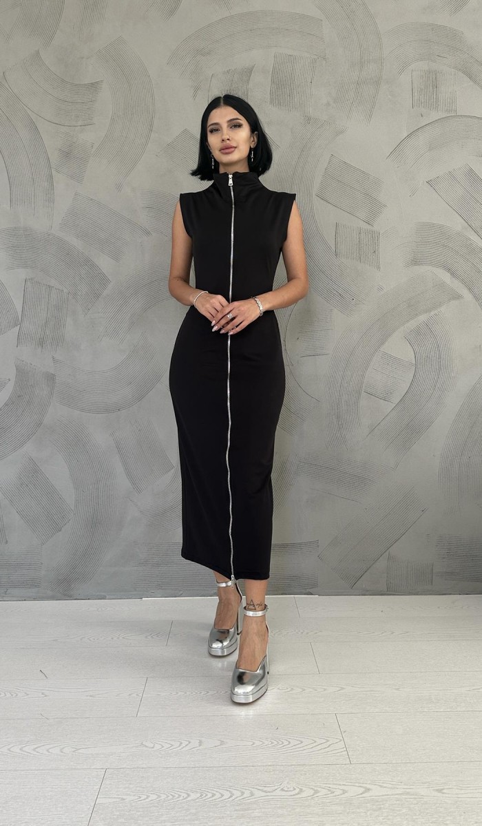 Boydan Fermuarlı Kolsuz Elbise - Siyah