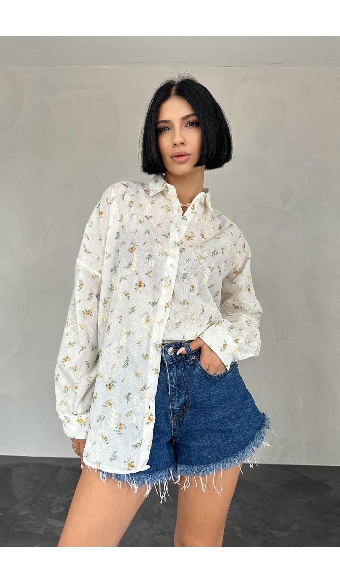 Brode Çiçek Nakışlı Klasik Gömlek - Sarı