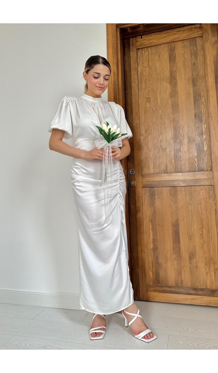 Büzgülü Saten Elbise - Ekru Büzgülü Saten Elbise - Ekru