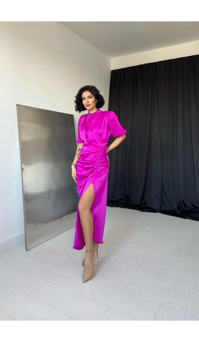 Büzgülü Saten Elbise - Koyu Fuşya Büzgülü Saten Elbise - Koyu Fuşya