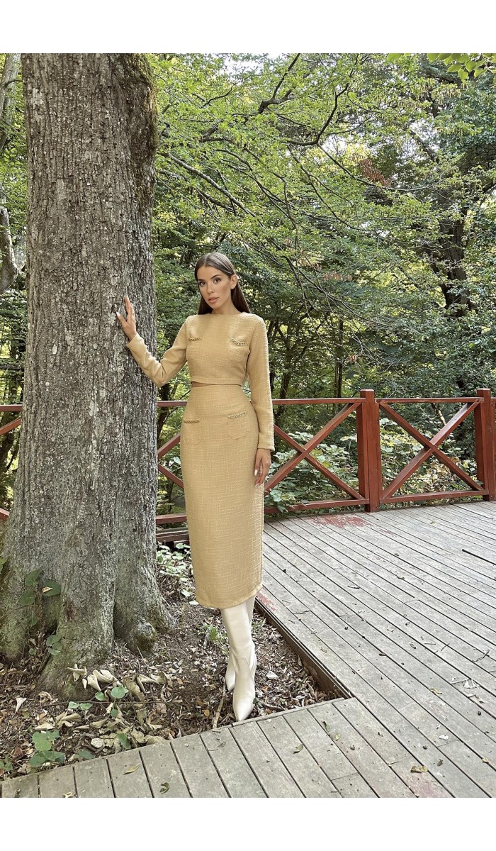 Cepleri Zincirli Bluz Ve Etek Takım - Kamel