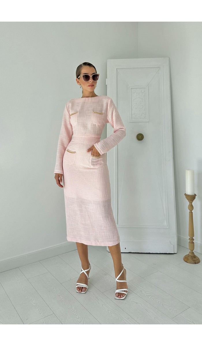 Cepleri Zincirli Bluz Ve Etek Takım - Pudra