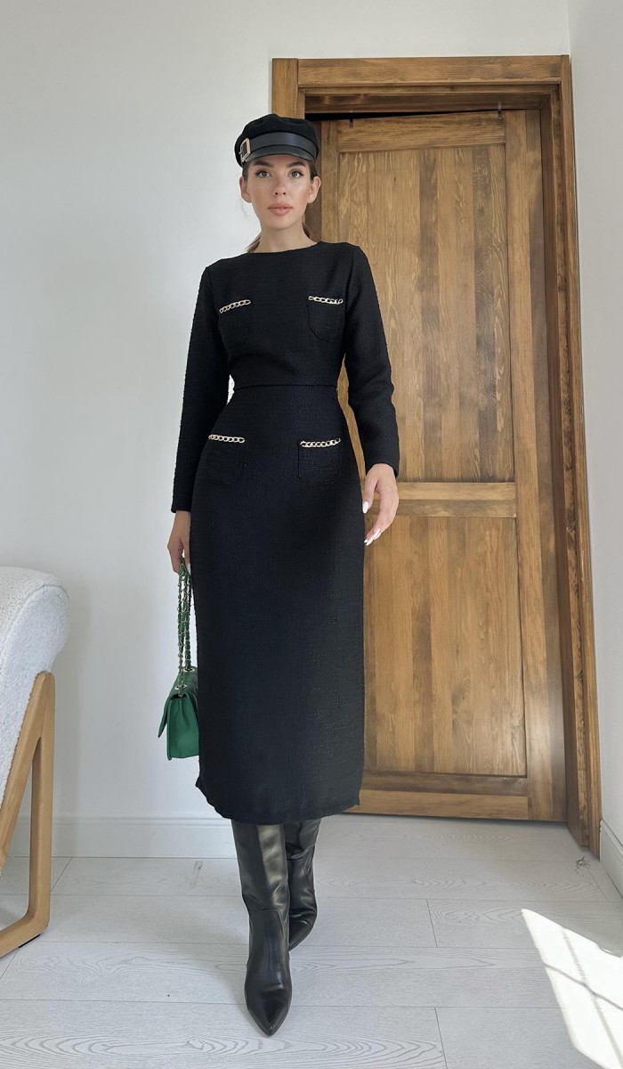 Cepleri Zincirli Bluz Ve Etek Takım - Siyah