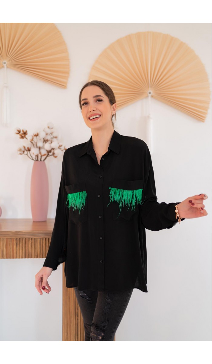 Cepli Püsküllü Gömlek - Siyah