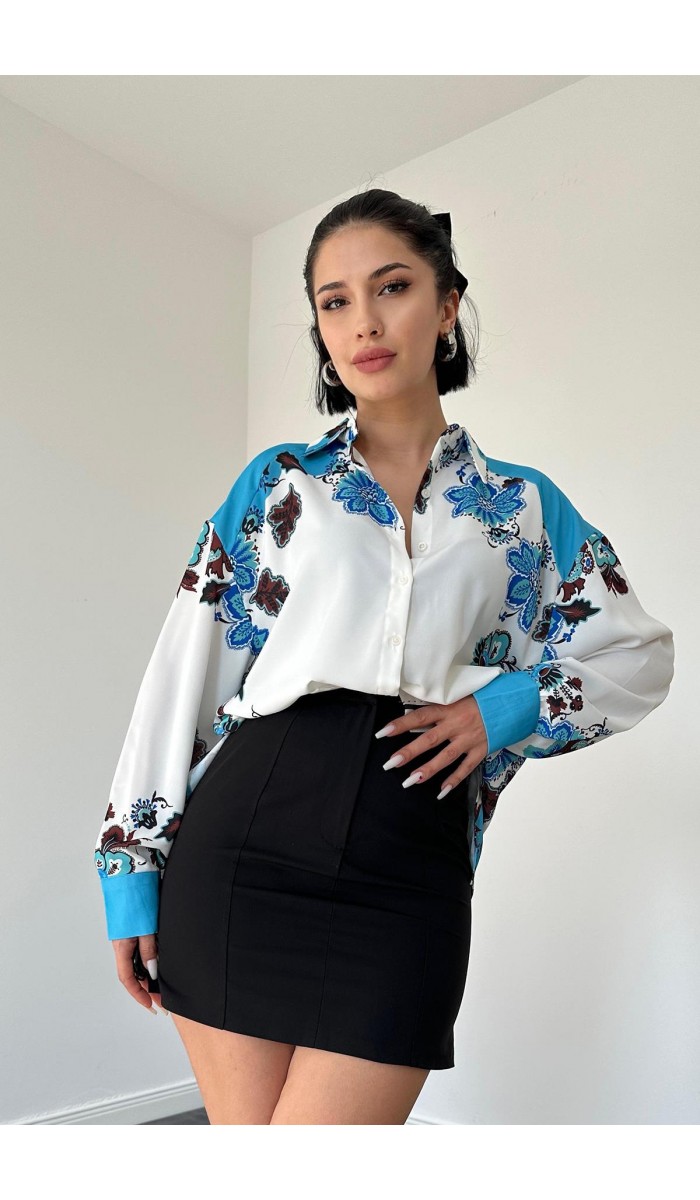Çiçek Baskılı Gömlek - Mavi