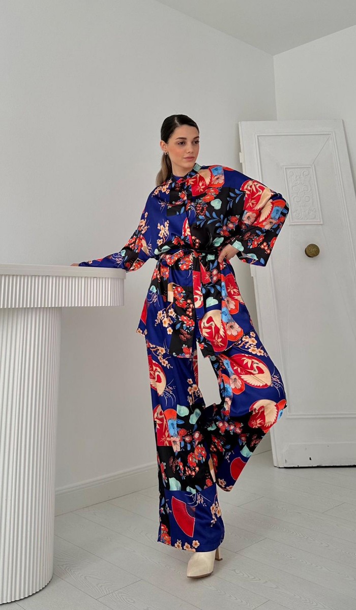 Çiçek Desenli Bluz & Pantolon Takım - Mavi