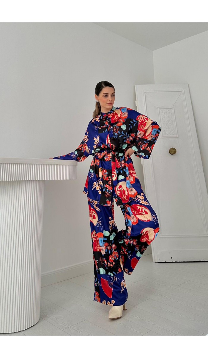 Çiçek Desenli Bluz & Pantolon Takım - Mavi