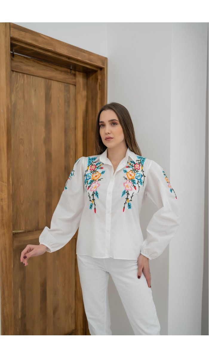 Çiçek Nakışlı Gömlek - Beyaz