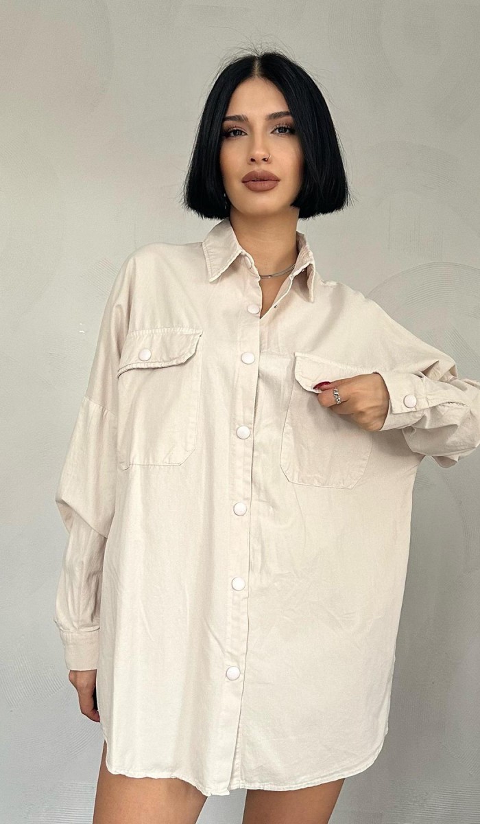 Çift Cep Kapaklı Çıtçıtlı Gömlek - Bej