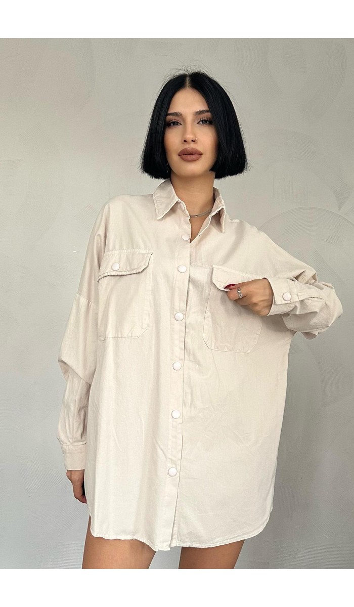 Çift Cep Kapaklı Çıtçıtlı Gömlek - Bej