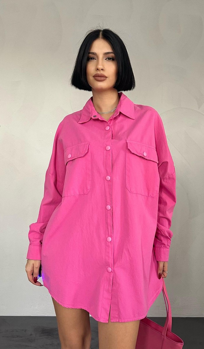 Çift Cep Kapaklı Çıtçıtlı Gömlek - Fuşya