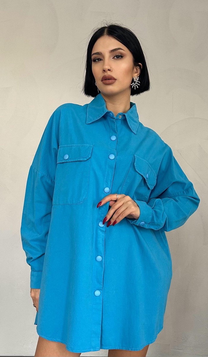 Çift Cep Kapaklı Çıtçıtlı Gömlek - Mavi